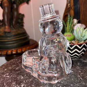 Vintage DePlomb Lead Crystal Snowman 6" Tealight Candle Holder Made in USA